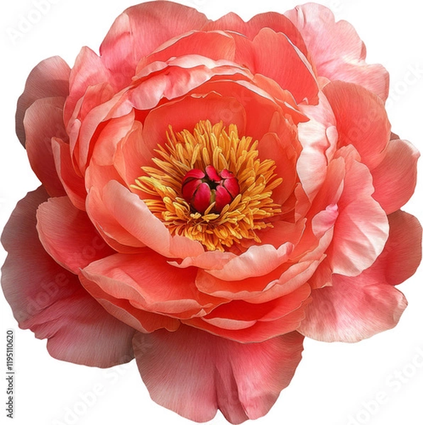 Obraz A vibrant close-up of a fully bloomed pink and coral peony with delicate petals and bright yellow stamens. Cutout