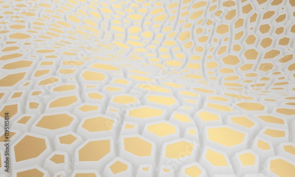 Fototapeta Parametric hexagonal background. White and gold modern wall. 3d rendering illustration. Cells backdrop. Abstract wave wall.