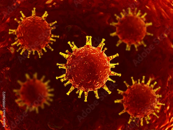 Fototapeta Virus illustration. Dangerous virus. Coronavirus, SARS-CoV-2. Inside human body. Medical illustration. Biohazard. 3d illustration. A high resolution. Red and yellow colors.