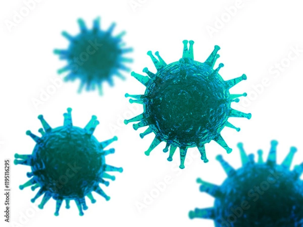 Fototapeta  Virus or bacteria isolated on a white background. Medical illustration. Biohazard. 3d rendering. High resolution. Coronavirus, SARS-CoV-2. Inside human body.