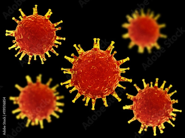 Fototapeta Virus on a black background. Red and yellow viruses cells. 3d medical illustration. Dangerous virus. Flu, SARS. Biohazard.