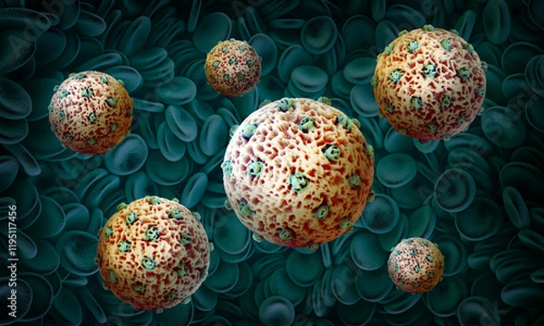 Fototapeta Dangerous bacteria cells in blood. 3d medical illustration. Biohazard. Virus or bacteria. High resolution.