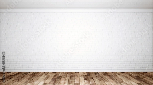 Obraz Empty room with white brick wall. 3d rendering. Wooden floor. Classical room.