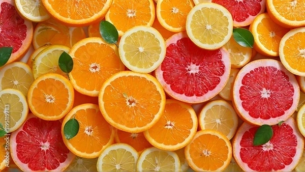 Obraz a close-up shot of sliced citrus fruit, including grapefruit, lemons, and oranges