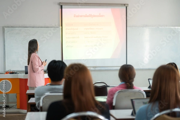 Fototapeta A lecturer stands at the front of the classroom, engaging students with a presentation projected on the screen. The students sit at desks, focused on the lecture.