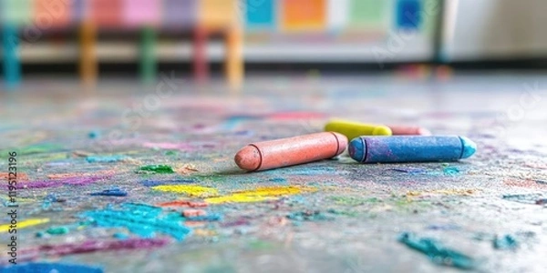 Fototapeta Colorful crayon remnants scattered on a textured floor with splashes of pink, blue, and green from playtime in a bright, cheerful environment.