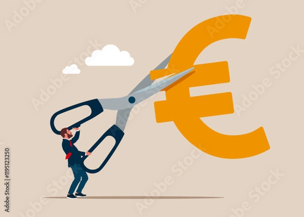 Obraz Businessman cutting scissors to cut euro sign. Cost reduction or cut price. Flat vector illustration.