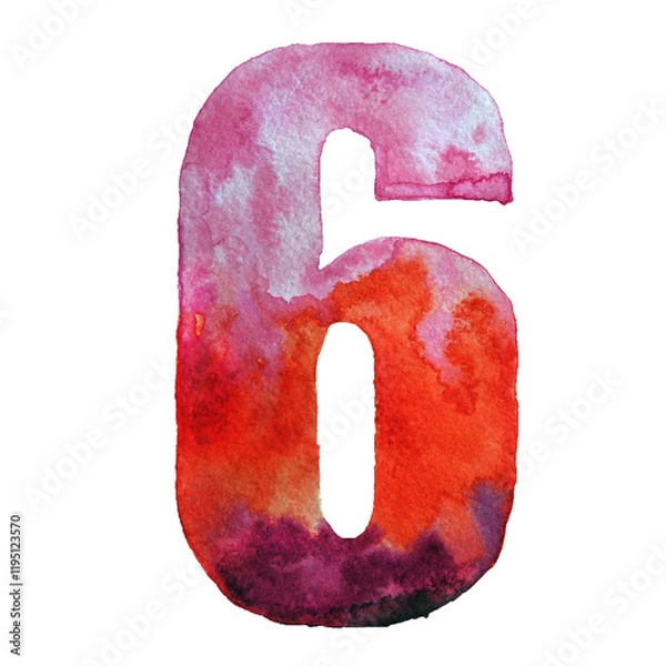 Obraz Hand painted watercolor number six in pink and red colors. Isolated on white background.