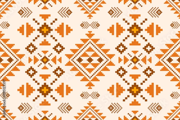 Fototapeta Pixel ethnic  pattern oriental traditional. Design fabric pattern textile African, Aztec African America Indian seamless. Floral pixel art pattern on navy background  vector illustration