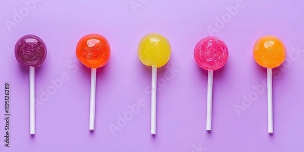 Fototapeta Colorful round lollipops in vibrant purple pink yellow orange on white sticks arranged in a flat lay style with violet background for text space