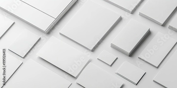 Fototapeta White textured stationery mockup layout with various sizes of blank cards and paper on a clean light background for brand identity design.