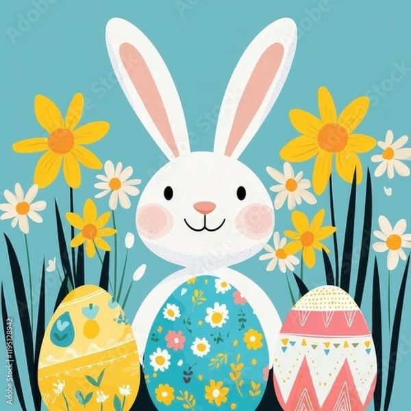 Fototapeta Smiling bunny surrounded by daffodils painting Easter egg patterns