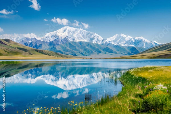 Fototapeta Reflective Beauty: The Mesmerising Landscape of a Reflecting Lake and Snow-Capped Mountains in a Kazakhstan National Park