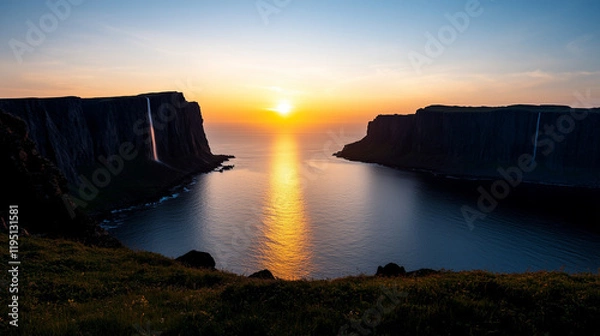 Fototapeta Melting glaciers forming waterfalls cascading into the ocean under a bright but ominous sky.