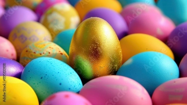 Fototapeta Colorful Easter eggs in various shades surround shiny golden egg, creating festive and joyful atmosphere. Perfect for celebrating spring and holiday traditions