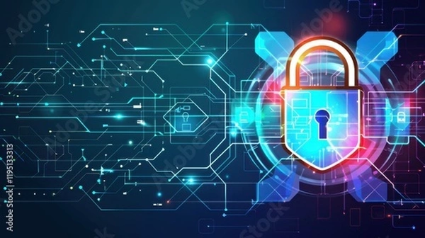Fototapeta Digital lock symbolizing cybersecurity with circuit patterns