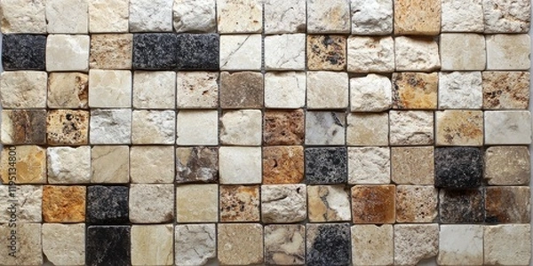 Fototapeta Textured wall tiles made of travertine and Bulgarian stone arranged in a mosaic pattern with shades of beige, black, and cream on a flat surface