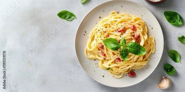 Fototapeta Pasta carbonara on a white plate with basil leaves surrounded by garlic and basil on a light grey table, flat lay perspective, vibrant colors