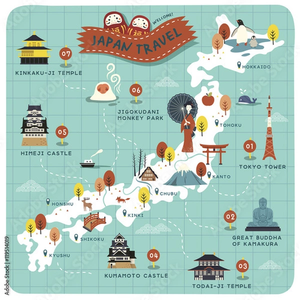 Obraz Japonia mapa podróży