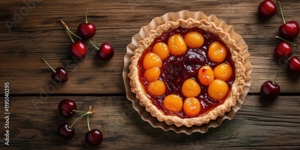 Fototapeta Rustic tart with apricot and cherry jam in a paper backing cup on a wooden tabletop surrounded by fresh cherries and negative space for text