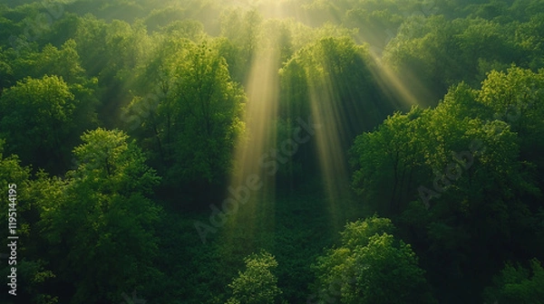 Fototapeta Sunlight Shining Through the Trees in a Forest with Yellow Flowers Featuring Magical Fantasy Landscapes and Sun Rays Through Canopy Generative AI