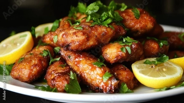 Fototapeta A plate of golden brown breaded fried cutlets garnished with fresh parsley rests on a rustic wooden table.