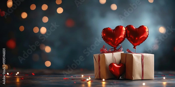 Obraz Beautiful gift box and heart-shaped balloons. Banner for Valentine's Day, Birthday, Anniversary, Mother's Day, March 8,Christmas. Empty space for product installation and presentation