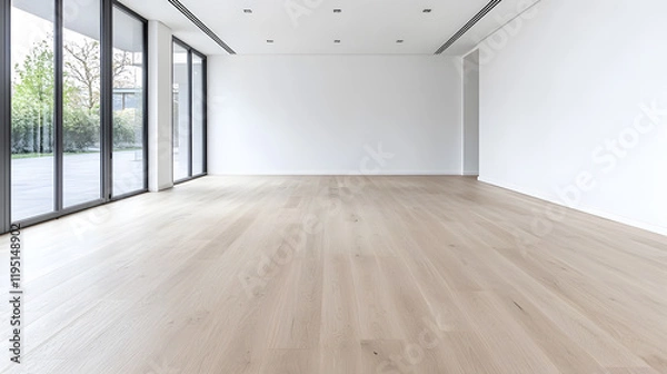 Fototapeta Empty modern interior room with an empty white wall and wooden floor mock up
