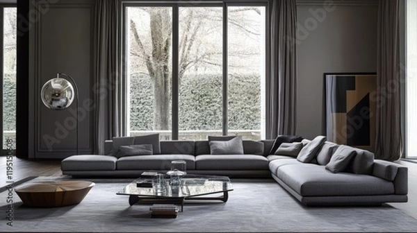 Fototapeta Modern living room with grey sectional sofa and glass coffee tables facing a large window