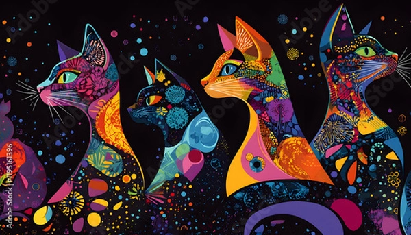 Fototapeta A vibrant, multicolored illustration of stylized cats in profile, with intricate abstract patterns and designs