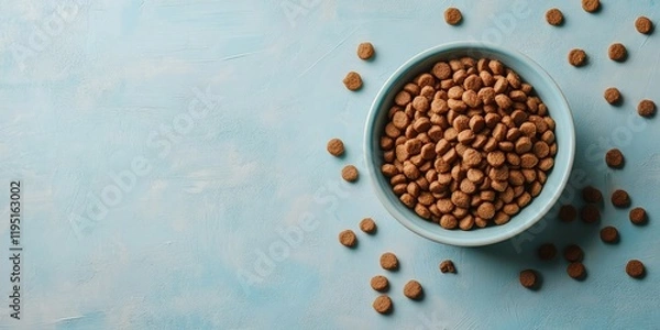 Obraz Dry dog food in a light blue bowl on a soft blue surface surrounded by scattered kibble creating a flat lay composition suitable for text overlay