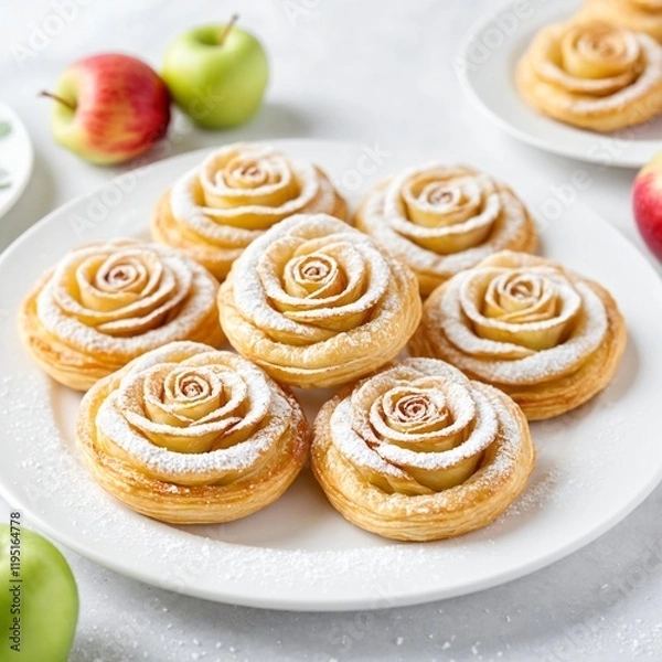 Fototapeta Valentine's day Delicate puff pastries shaped like roses, filled with apple slices and dusted with powdered sugar