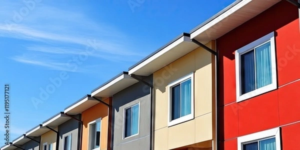 Fototapeta Modern townhome exterior with cream, red, gray, and orange walls under a bright blue sky featuring sloped roofs and large windows.