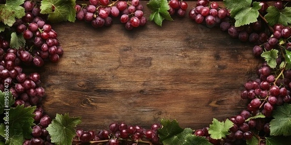 Fototapeta Ripe sweet grapes with green leaves arranged frame-like around a rustic wooden backdrop creating a vibrant natural composition