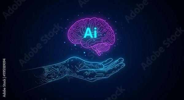 Fototapeta Circuit board in shape electronic brain with gyrus, symbol ai hanging over hand. Symbol of computer neural networks or artificial intelligence in neon cyberspace with glowing title on palm scientist