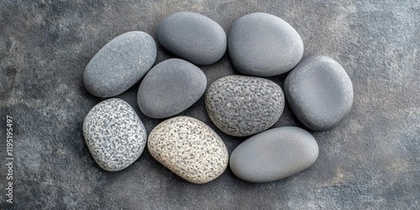 Fototapeta Flat lay of grey spa stones on a textured grey surface arranged organically with smooth and speckled stones for a calming aesthetic