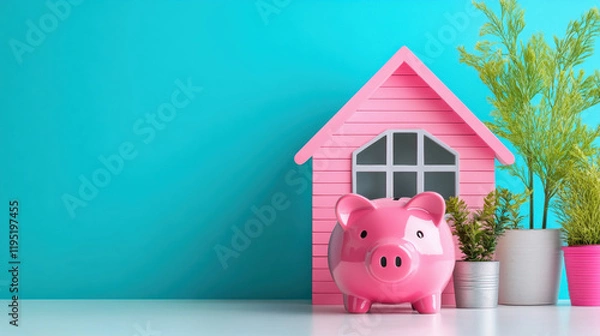 Fototapeta Piggy bank 3D, A high-fidelity 3D illustration of a piggy bank designed in a unique shape, ideal for financial or savings-related themes in stock imagery.