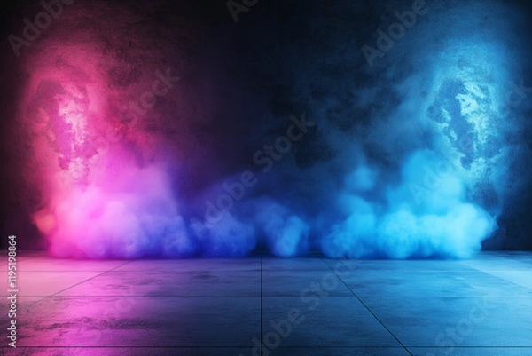 Fototapeta vibrant abstract background featuring pink and blue smoke against textured wall, creating dynamic and atmospheric scene. Ideal for creative projects and visual effects