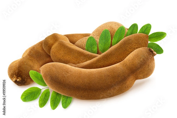 Fototapeta Isolated heap of fresh whole tamarinds with green leaves on white background. Design element for product label, catalog print, web use.