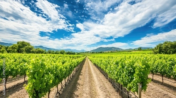 Fototapeta A charming vineyard, where visitors enjoy wine tasting and beautiful views of rolling hills and grapevines.