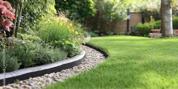 Obraz Flexible lawn edging with rounded top bead in black, nestled between vibrant green grass and colorful garden plants, highlighting a curving path.