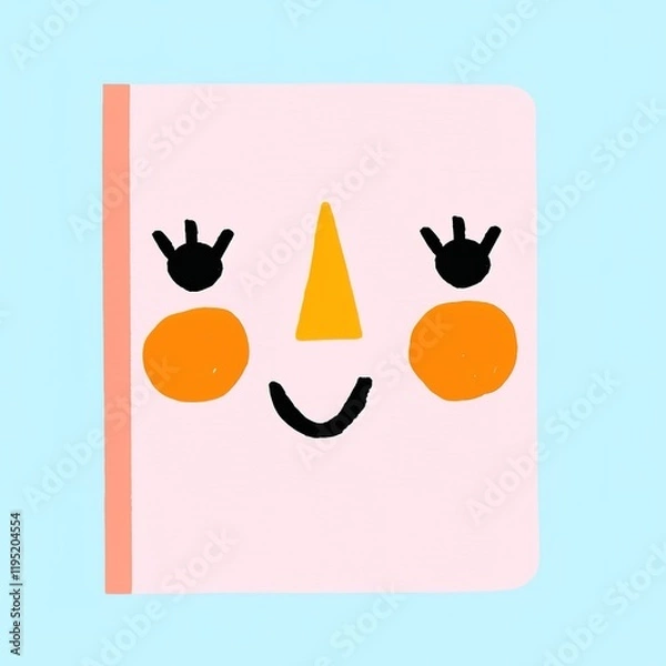 Fototapeta A cute, cartoon-style notebook with a smiling face, featuring bright colors and whimsical design, set against a light blue background.