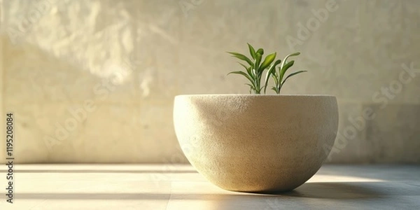 Obraz Minimalist flowerpot with green leaves centered on creamy background, soft shadows highlighting smooth round shape, creating serene empty space.