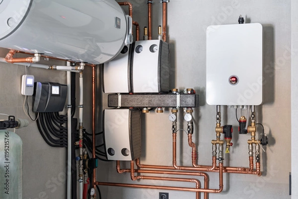 Fototapeta Heating system equipment in a boiler room of modern private house. Wall installation of electric boiler device, valves, pumps, cooper tubing, water heater, automatic controller in a single family home