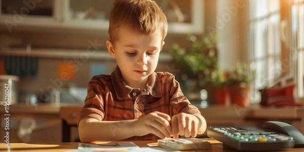 Fototapeta Young Boy Manipulating Small Object at Table