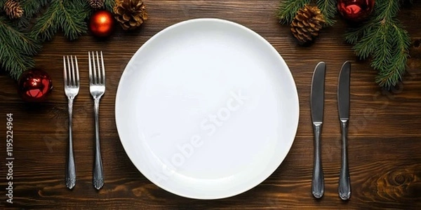 Fototapeta A festive dining setup featuring a blank plate surrounded by silverware and holiday decorations, perfect for a seasonal celebration.