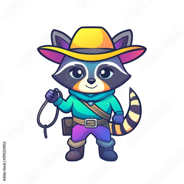 Fototapeta Adventurous raccoon cowboy cartoon world character design fun environment playful viewpoint imagination concept