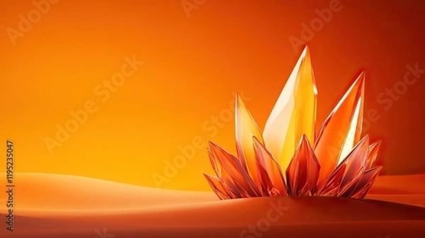 Obraz A stunning arrangement of vibrant orange crystals emerging from a sandy surface, illuminated by warm light, creating a mystical and enchanting atmosphere.