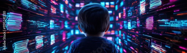 Fototapeta child exploring vibrant digital library filled with glowing data