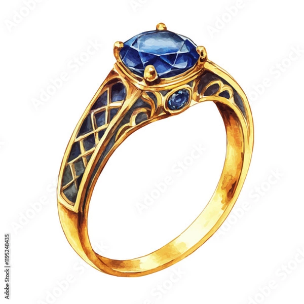 Fototapeta A watercolor of an elegant gold and sapphire ring, isolated on a white background. Elegant gold and sapphire ring vector.
